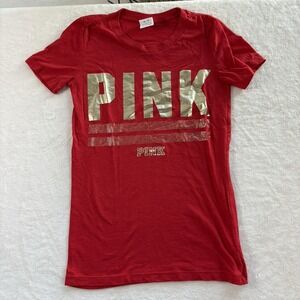 OG PINK Victoria's Secret Y2K Red Gold Logo Tee XS Baby Tee Slim Fit Mallcore
